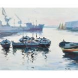 20th Century French School, boats moored in a harbour, oil on canvas, indistinctly signed, 9" x 10.