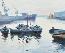 20th Century French School, boats moored in a harbour, oil on canvas, indistinctly signed, 9" x 10.