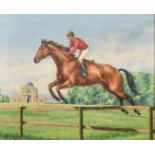 C. Bromley Gardner (Circa 1972), a figure on horseback jumping a fence, oil on canvas, signed, 16" x