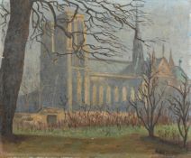 R. A. Serre, French School, Early 20th Century, a view of a cathedral through trees, oil on