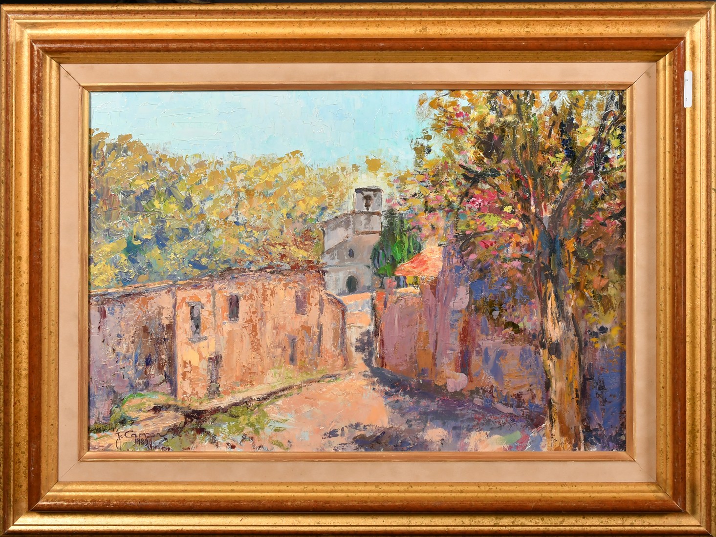 Continental School, Circa 1989, a village street view, oil on canvas, indistinctly signed, 13" x 18" - Image 2 of 4