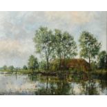 A. Van Noort, a boat amongst reeds with a riverside cottage beyond, oil on canvas, signed, 16" x 20"