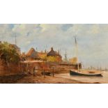 Circle of A.H. Vickers, A corner of a harbour at low tide with a moored sailing boat and figures