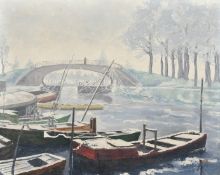 V. Dufour, Circa 1923, working boats on a river by a bridge, oil on canvas, signed and dated, 16"