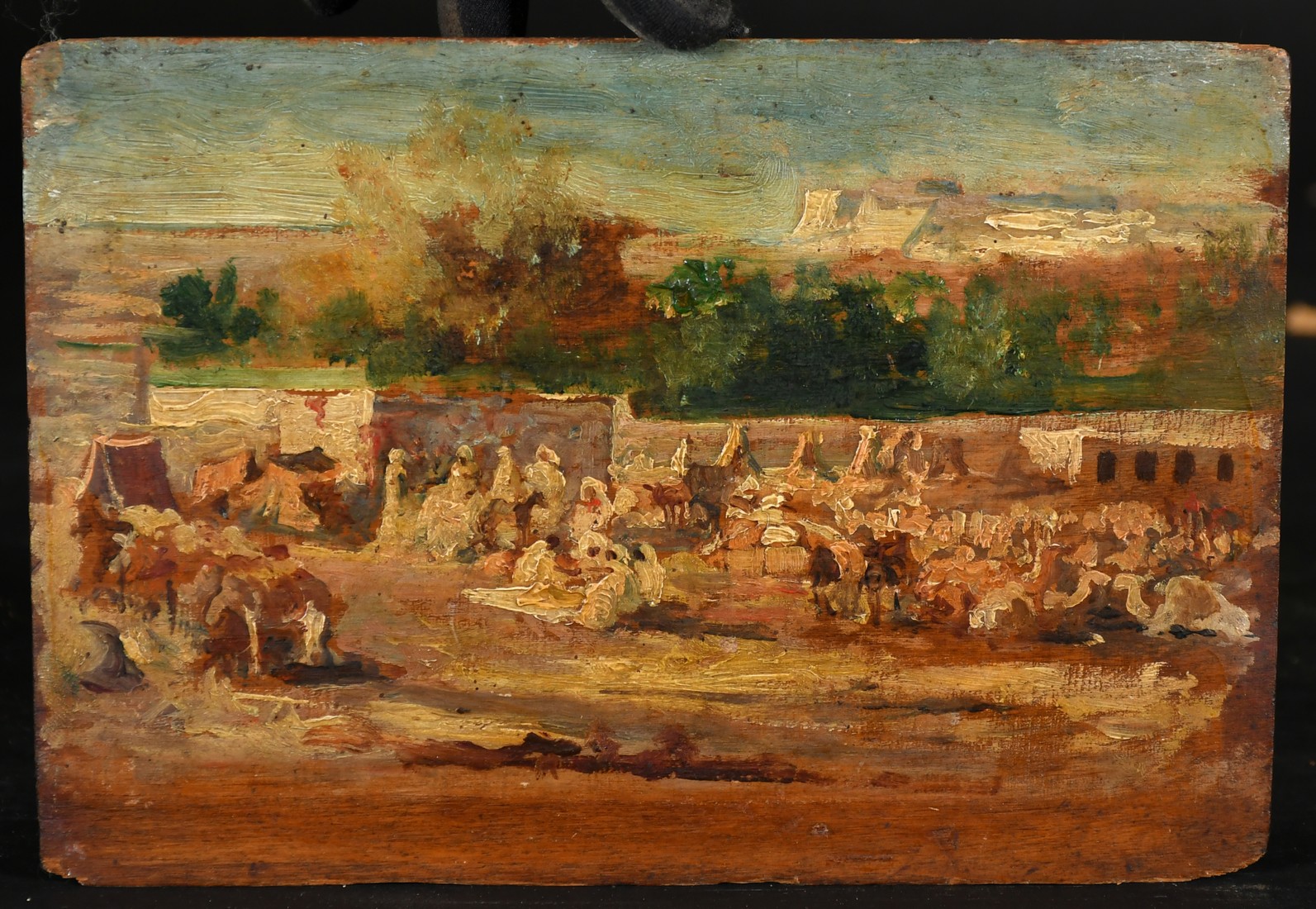 Early 20th Century, Figures and camels in an encampment, oil on panel, 5.25" x 7.5" (13 x 19cm), ( - Image 2 of 3