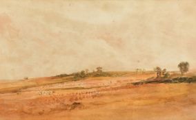Attributed to Peter de Wint (1784-1849) Field workers in an expansive landscape, 9.5" x 16", (
