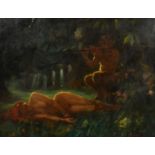 Late 19th Century, A faun in a forest seated near flowers playing a wooden flute to a sleeping