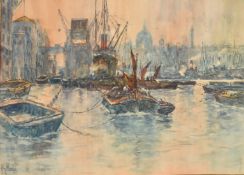 Harry Woods (1846-1921), Thames barges in the pool of London, watercolour, signed, 10" x 14" (25.5 x