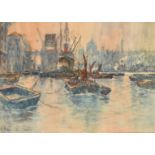 Harry Woods (1846-1921), Thames barges in the pool of London, watercolour, signed, 10" x 14" (25.5 x