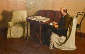 20th Century Soviet School, Portrait of Lenin seated holding a pen and paper, oil on canvas, 34" x
