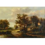 Circle of Nasmyth, 19th Century, figures in a country path by a cottage, oil on canvas, 10" x 14" (