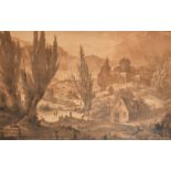 J. Me (19th Century) A sepia drawing of an extensive landscape with figures, houses and ruins