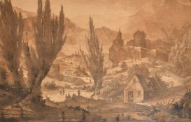 J. Me (19th Century) A sepia drawing of an extensive landscape with figures, houses and ruins
