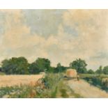 J. J. Laforgue, Circa 1900, a haycart on a country road lined with wildflowers, oil on canvas,