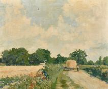 J. J. Laforgue, Circa 1900, a haycart on a country road lined with wildflowers, oil on canvas,
