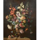 Early 19th Century French, A still life of mixed Summer flowers in an urn on a ledge, oil on canvas,