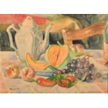 Jacob Markiel (1911-2006) Polish / French, a still life of fruit and a teapot, watercolour,
