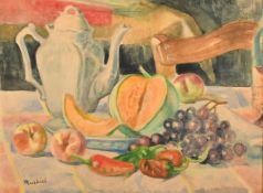 Jacob Markiel (1911-2006) Polish / French, a still life of fruit and a teapot, watercolour,