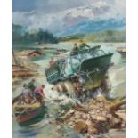 Frank Wootton (1914-1998), an Alvis Stalwart mounting a riverbank, oil on canvas, signed, 30" x