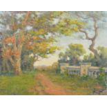 French School, Circa 1910, a parkland scene with a pathway near trees, oil on canvas, indistinctly