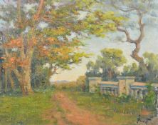 French School, Circa 1910, a parkland scene with a pathway near trees, oil on canvas, indistinctly