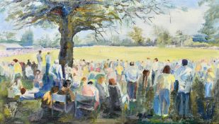 M. Riley (20th Century), A large gathering of figures watching a cricket match, oil on canvas board,