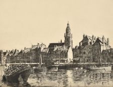 Ian Strang, Port View of a port in France, etching, signed and inscription verso in pencil, 10.75" x