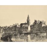 Ian Strang, Port View of a port in France, etching, signed and inscription verso in pencil, 10.75" x