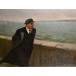 20th Century Soviet School, Lenin walking along a quay side looking across a choppy sea to a city