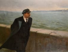 20th Century Soviet School, Lenin walking along a quay side looking across a choppy sea to a city