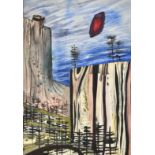 Modern British, A flying object above a stylized wooded escarpment, watercolour, indistinctly