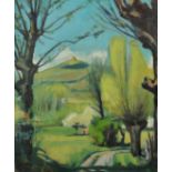 Lucien Maisonneuve, 20th Century, French, a pathway by trees with a hilltop beyond, oil on board,