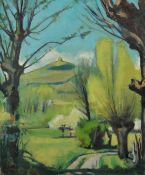 Lucien Maisonneuve, 20th Century, French, a pathway by trees with a hilltop beyond, oil on board,