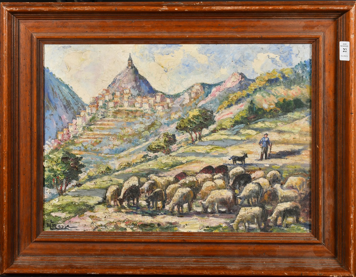 Early 20th Century French School, a shepherd and flock with a hill top village beyond, oil on - Image 2 of 4