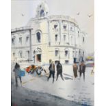 Circle of Daniel Martinez (20th Century) Uruguayan, Figures crossing a city street, watercolour,