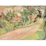 Maud Eyston Sumner, A lane with a figure leading to houses and a church, watercolour and pen,