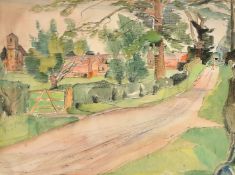Maud Eyston Sumner, A lane with a figure leading to houses and a church, watercolour and pen,