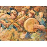 20th Century French School, villagers playing in a band, oil on board, indistinctly signed, 9.5" x