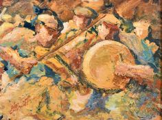 20th Century French School, villagers playing in a band, oil on board, indistinctly signed, 9.5" x