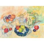 Mid-Century Colourist School, a still life of fruit and other objects, oil on canvas, 18" x 24" (