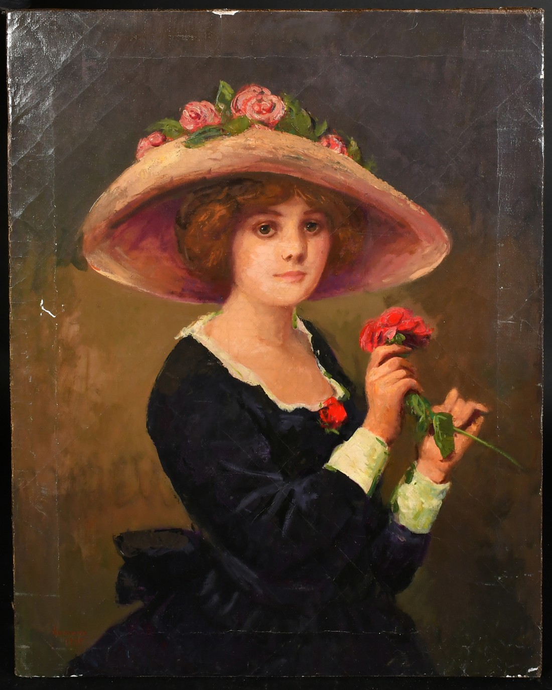 French School, Circa 1935, a half length portrait of a lady holding a red flower, oil on canvas, - Image 2 of 4