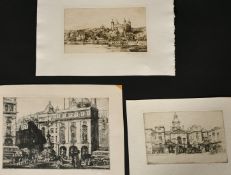 Henry Lambert, A group of London scenes, Piccadilly Circus, Tower of London, etc, etchings, all