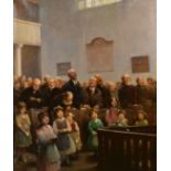 Continental School, circa 1900, figures singing in a church with children in the foreground, oil