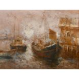 Edward Barton (20th Century), barges moored at a quay, oil on canvas, signed, 18" x 24" (46 x