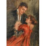 Circa 1900, an oil sketch of figures in embrace, 6.75" x 4.75", (17 x 12cm).