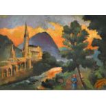 J. Larrochs, Circa 1905, female figure by a river with a cathedral beyond, oil on board, signed, 6.