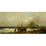 E. J. Watt (19th Century), figures and sailboats on a shore with St. Michaels Mount in the distance,