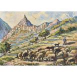 Early 20th Century French School, a shepherd and flock with a hill top village beyond, oil on