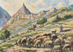 Early 20th Century French School, a shepherd and flock with a hill top village beyond, oil on