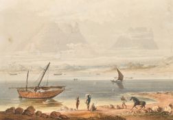 William Daniell, 'Morning view from Calliann near Bombay', a coloured aquatint, stained and trimmed,